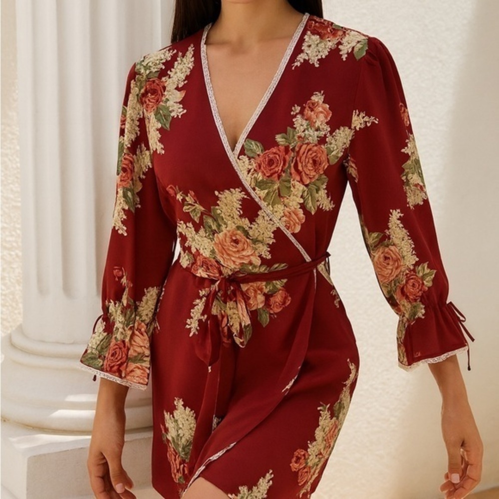 Oscar de la Renta Pink Label Red  Floral Kimono Robe Lace Ribbon Princess Sleeve